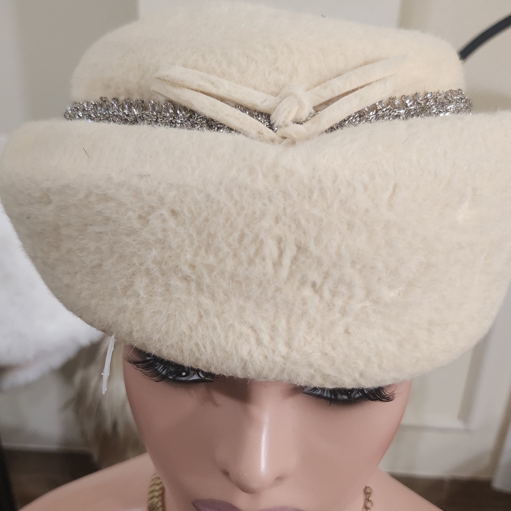Park Lane Cream and Silver Pillbox Hat with Rhinestone Detail
